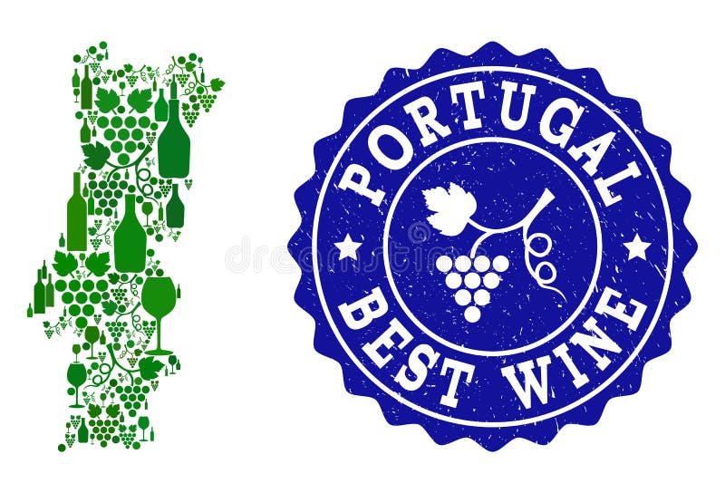 Vector collage of wine map of Portugal and best grape wine grunge seal stamp. Map of Portugal collage composed with bottles and grape berries bunches. Vector collage of wine map of Portugal and best grape wine grunge seal stamp. Map of Portugal collage composed with bottles and grape berries bunches.